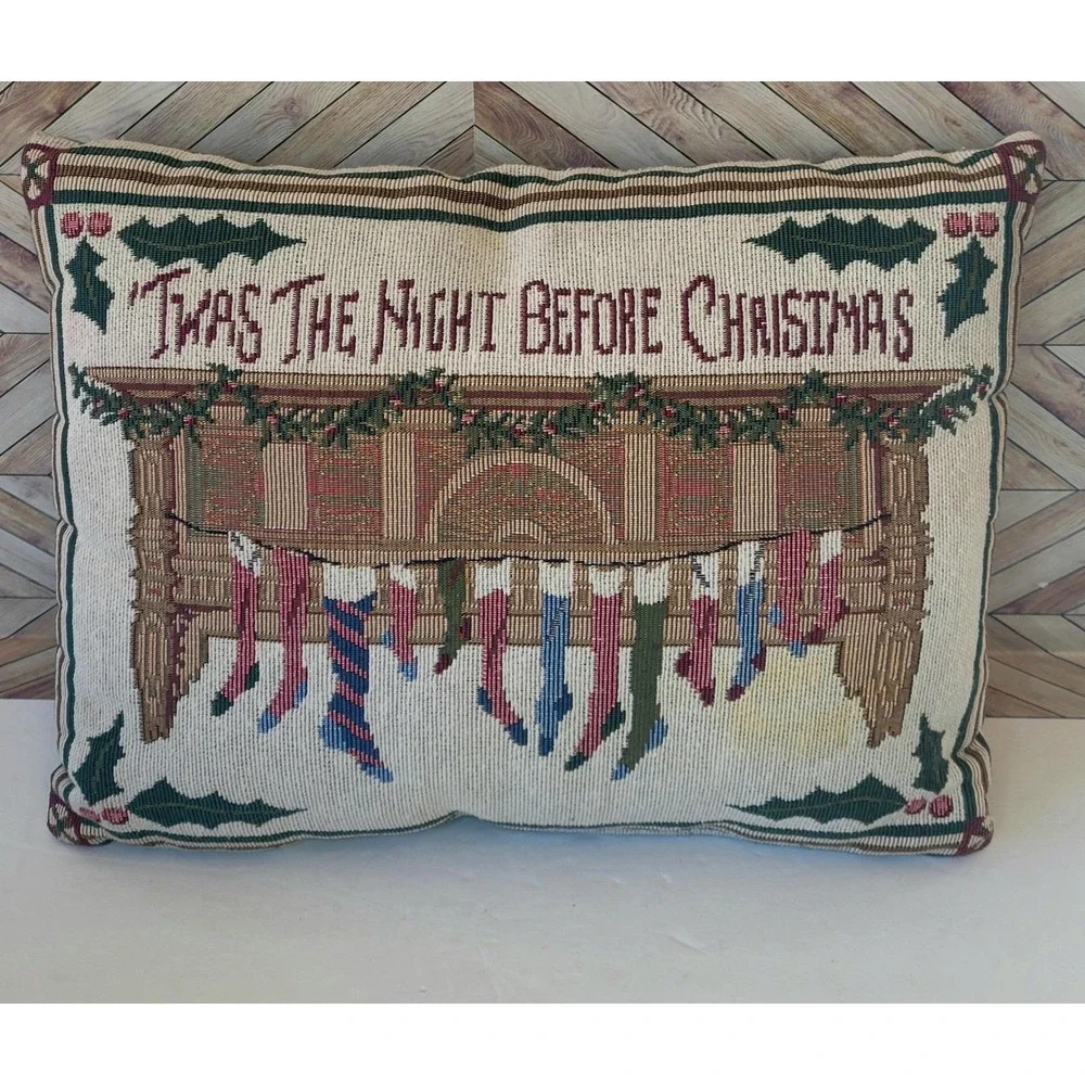 2 VTG Tapestry Throw Pillows Twas Night Before Christmas Candles Cushion Decor